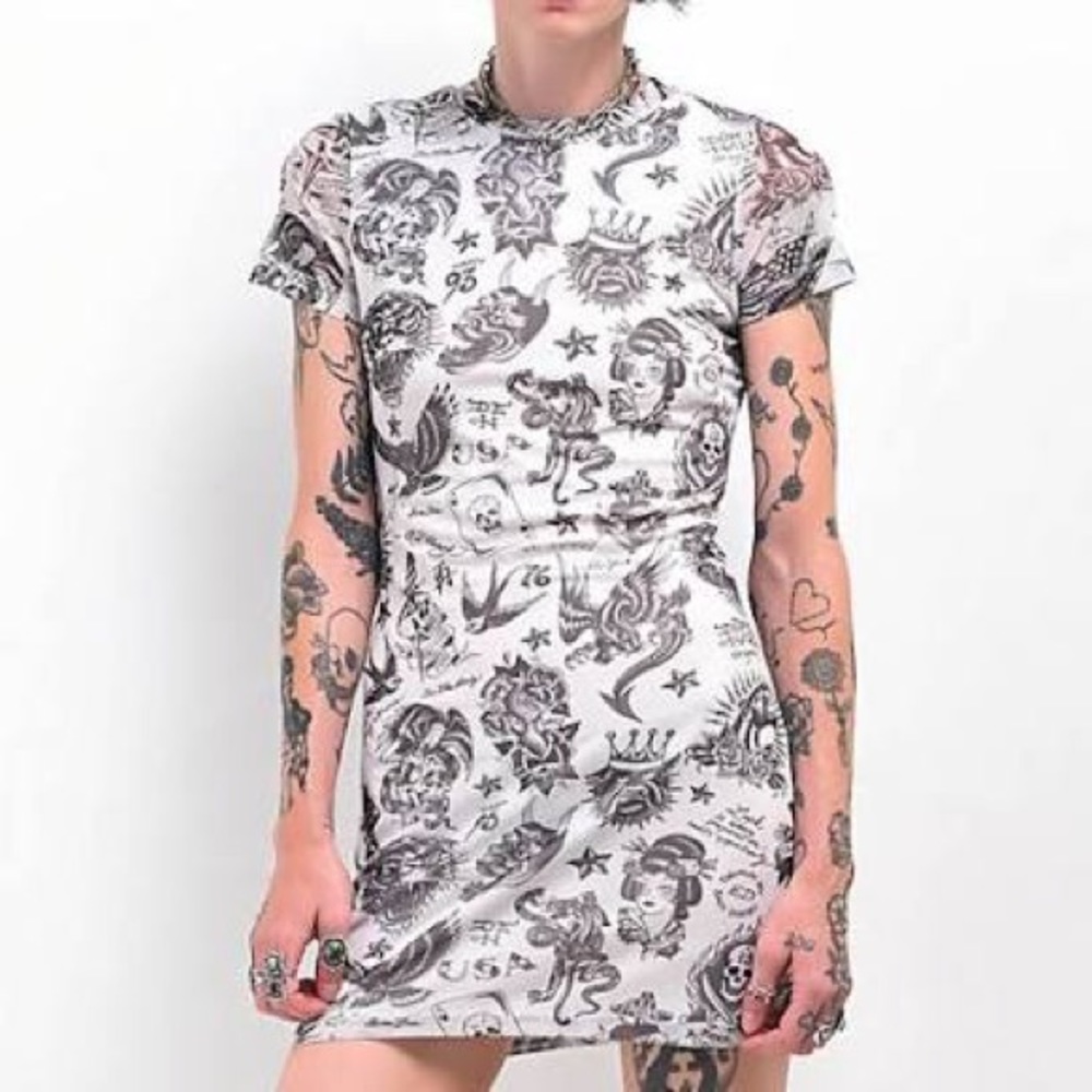Ed Hardy Medium Dress Power Flashboard Y2K White Tee Mesh Dress NWT